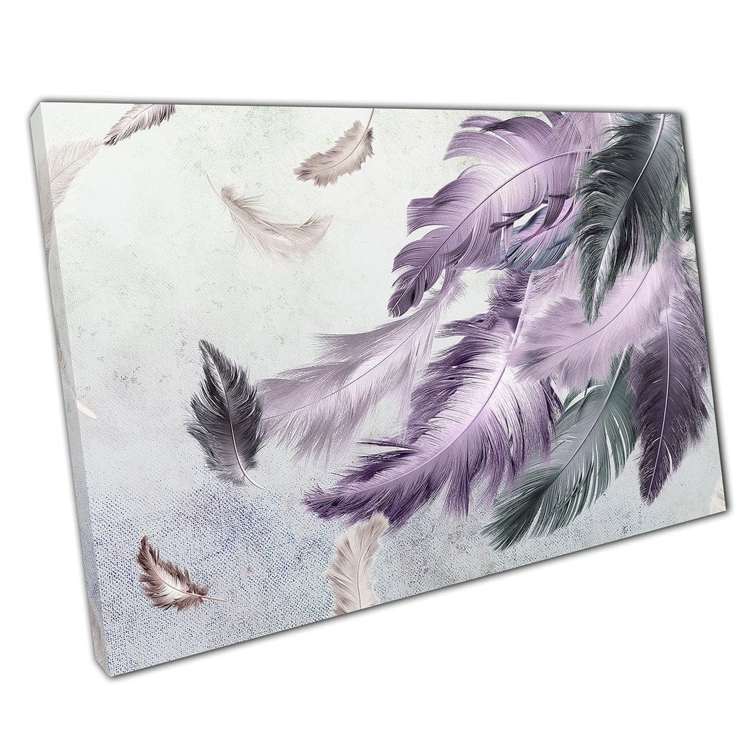 Paars grijs wit donzige vallende vogelveren mooie 3D illustratie digitale kunst wall art print op canvas gemonteerde canvas print