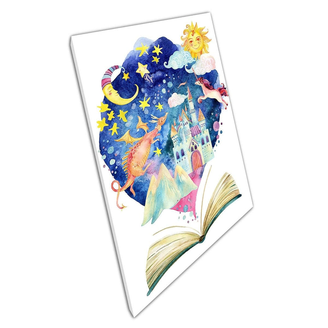 Magical Fairy-Tale Book Story Night Sky Castle Dragon World Kids Room Aquarel Wall Art Print op canvas gemonteerde canvas print