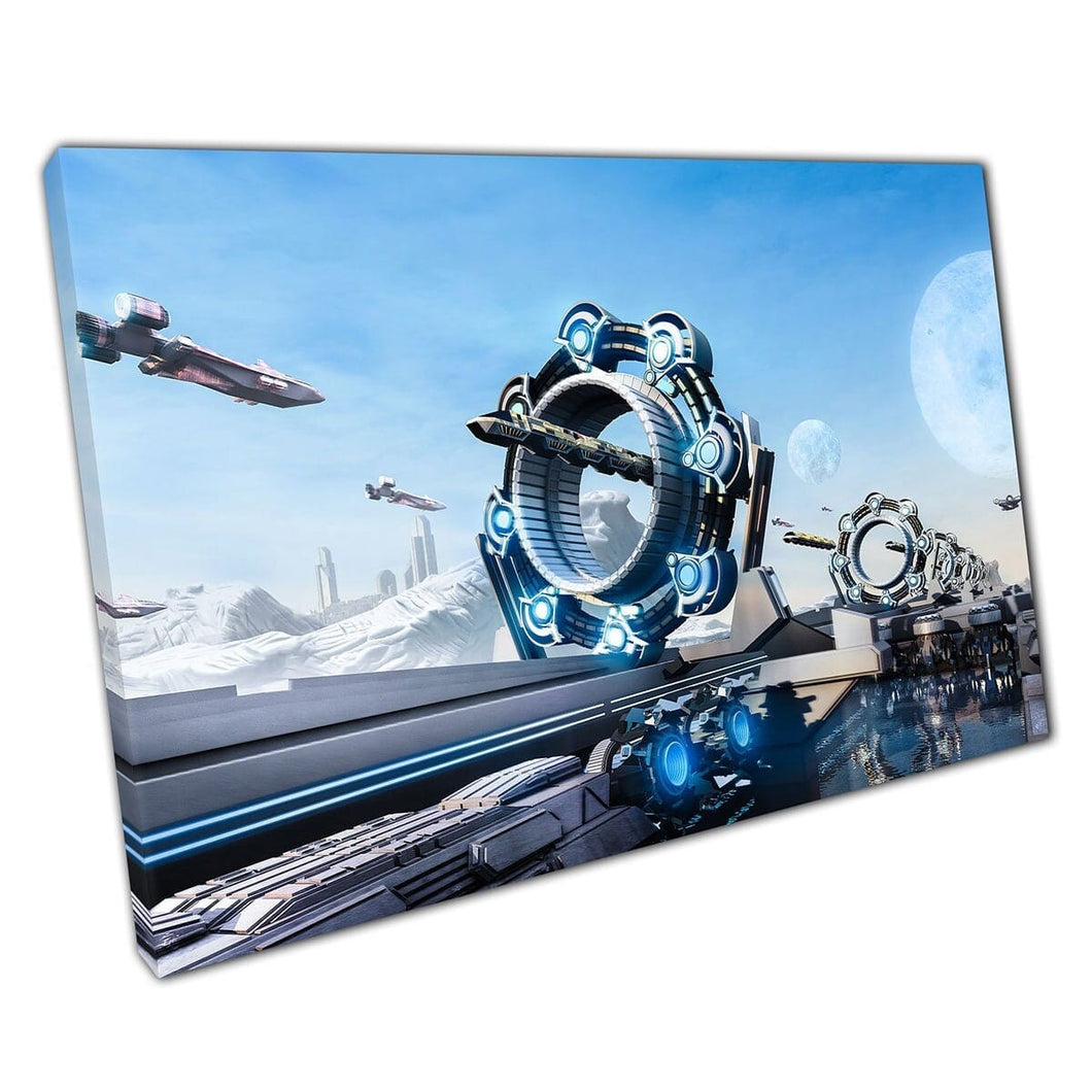 Futuristisch Transport CityScape Fantasy Scene 3D Rendering Digital Illustration Sci-Fi Wall Art Print op canvas gemonteerde canvas print