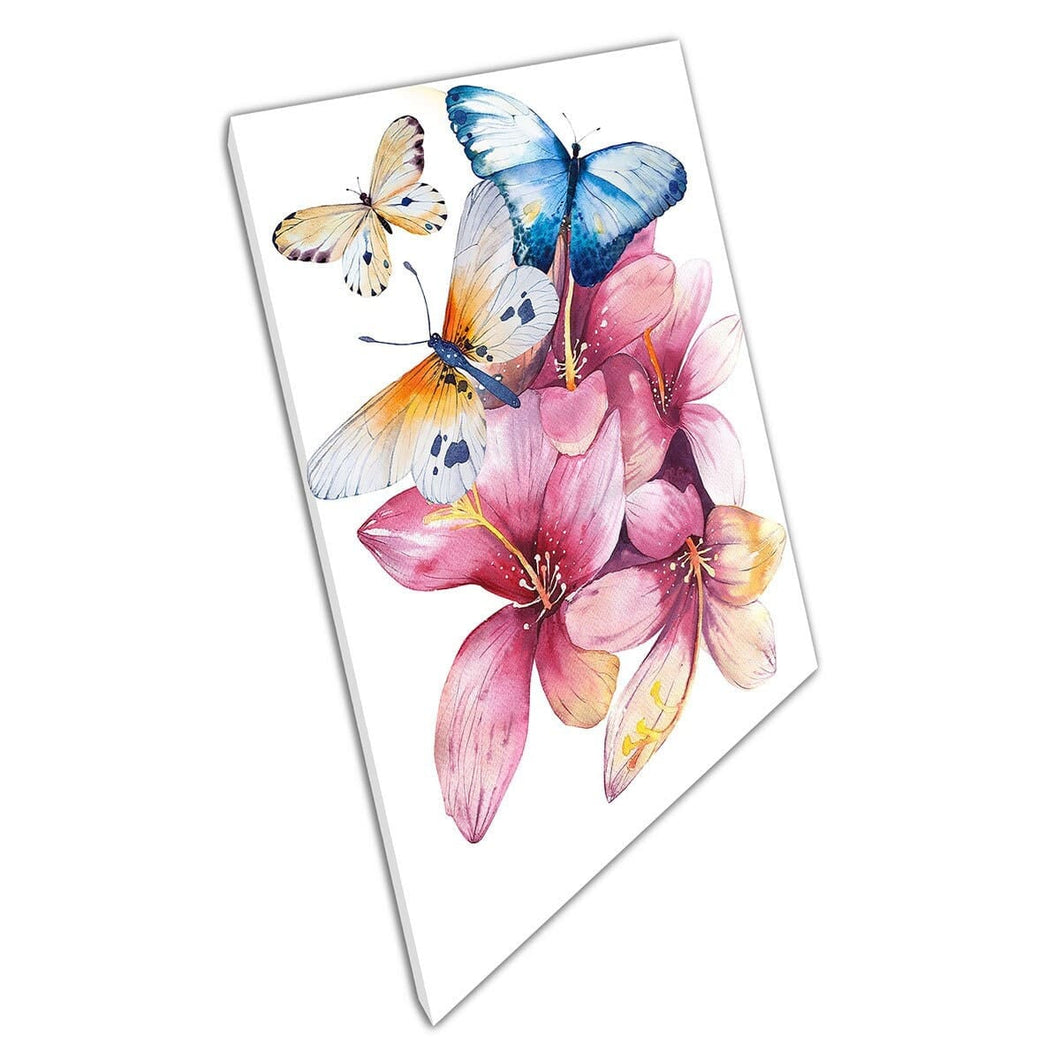 Beautiful Spring Flower Bouquet With Butterflies Fluttering Over Floral Watercolour Wall Art Print On Canvas Mounted Canvas print