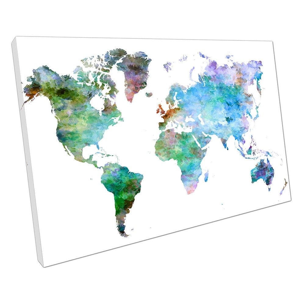 Blue Green world map watercolour art Europe Asia America Africa Canvas Wall Art Print Mounted Canvas print