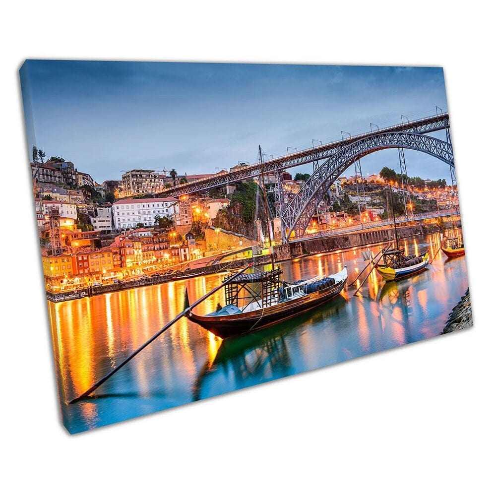 Night time River Boats on the Douro river city of Porto Ready to Hang Wall Art Print Mounted Canvas print