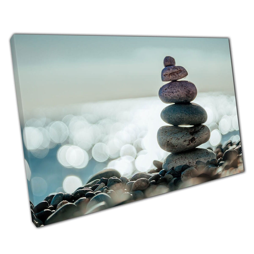 Balanced Pebbles Pyramid Zen Harmony Meditation Stones On A Beach Spa Aesthetic Wall Art Print On Canvas Mounted Canvas print