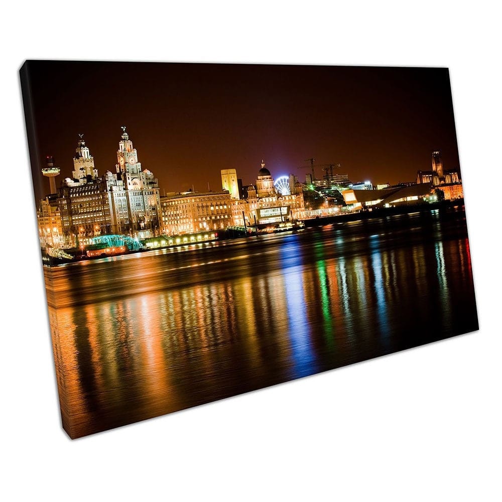 Stad van Liverpool At Night Reflections Lever Building Albert Klaar om muurwand te hangen Afdrukken Gemonteerde canvas print