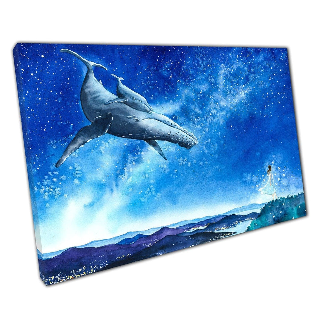 Magical Fantasy Space Whales Conversing With A Woman Watercolour Painting Style Wall Art Print On Canvas Mounted Canvas print