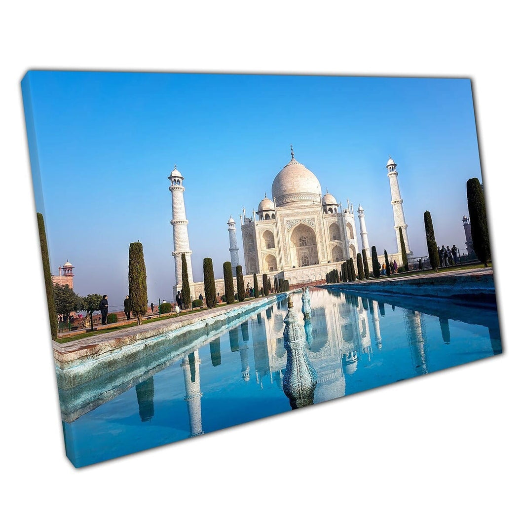 Splendida vista mattutina del Taj Mahal che riflette nell'acqua Agra India Print di arte da parete su tela stampata in tela