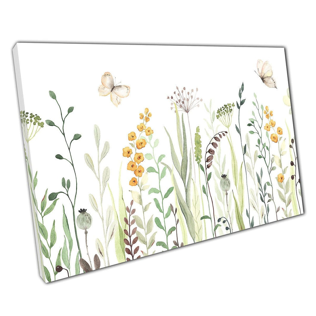Delicate aquarelbloemen van zomerbloemweide met vlinders en bladeren muurkunstafdruk op canvas gemonteerde canvas print
