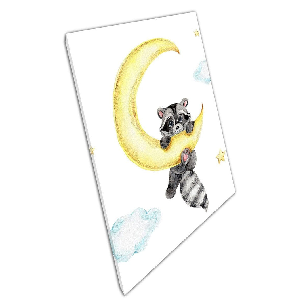 Leuke cartoon wasbeer vasthouden aan Crescent Moon Kids Room Waterverf schilderen Wall Art Print op canvas gemonteerde canvas print