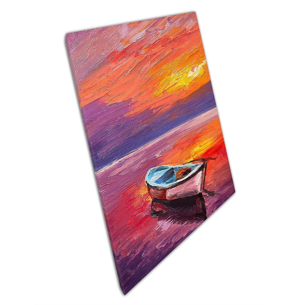 Textured Brushstroke Impressionism Style Abstract Seascape With Boat In The Sunset Wall Art Print On Canvas Mounted Canvas print