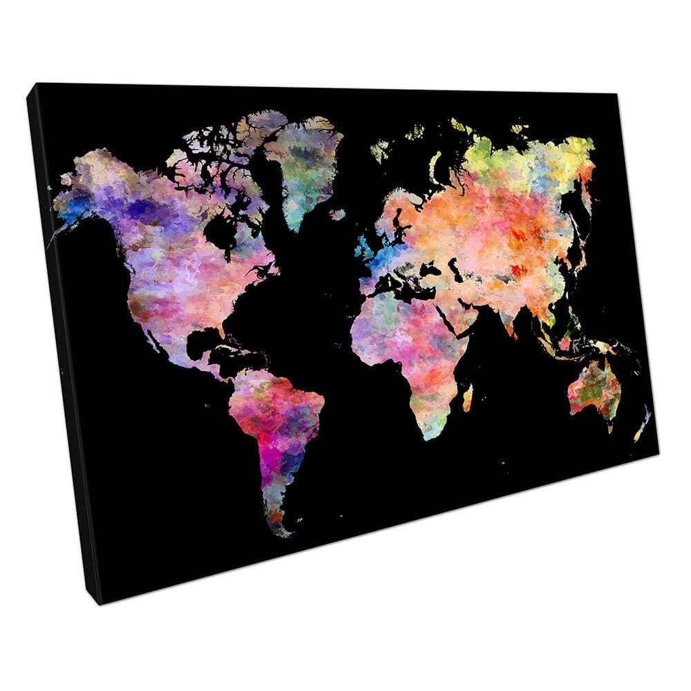 Zwarte wereld van kaart waterverf Europa Azië Amerika Afrika Klaar om muurwand te hangen, afdrukken canvas print