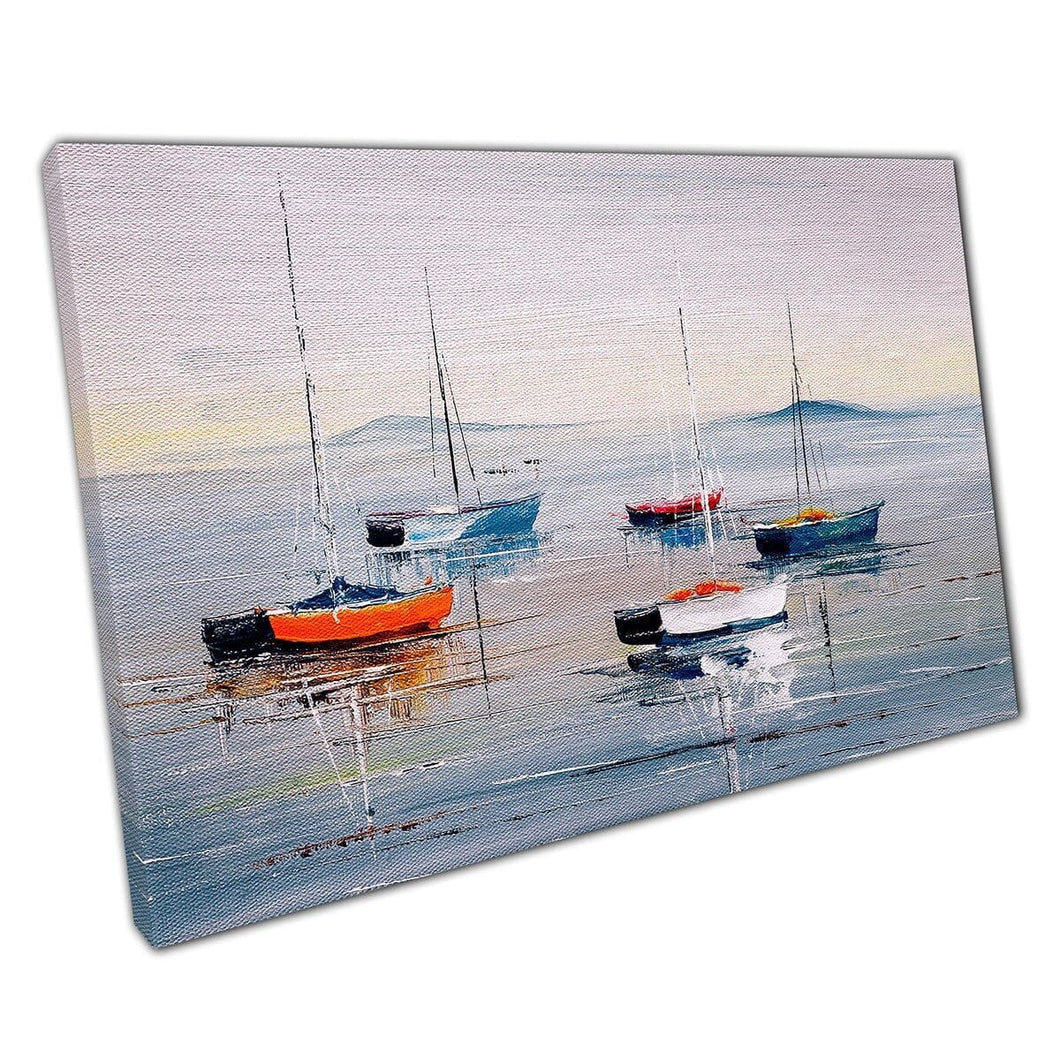 Barche a vela su calmo dipinto ad olio d'acqua aperta stile neutro dai colori dai toni freschi stampare arte da parete su tela di tela stampata stampata
