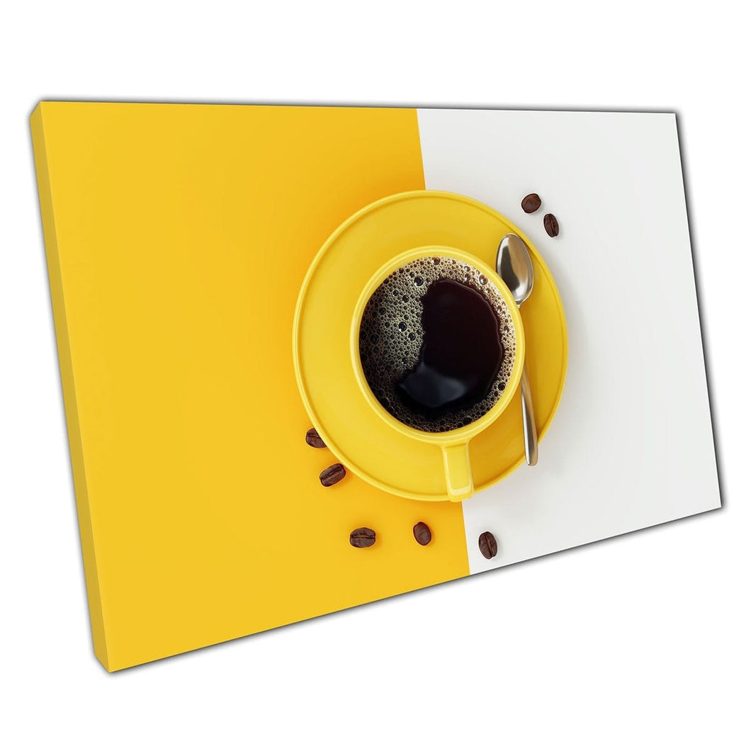 Aerial View Of Black Coffee In Yellow Cup Contrasting Background And Coffee Beans Wall Art Print On Canvas Mounted Canvas print