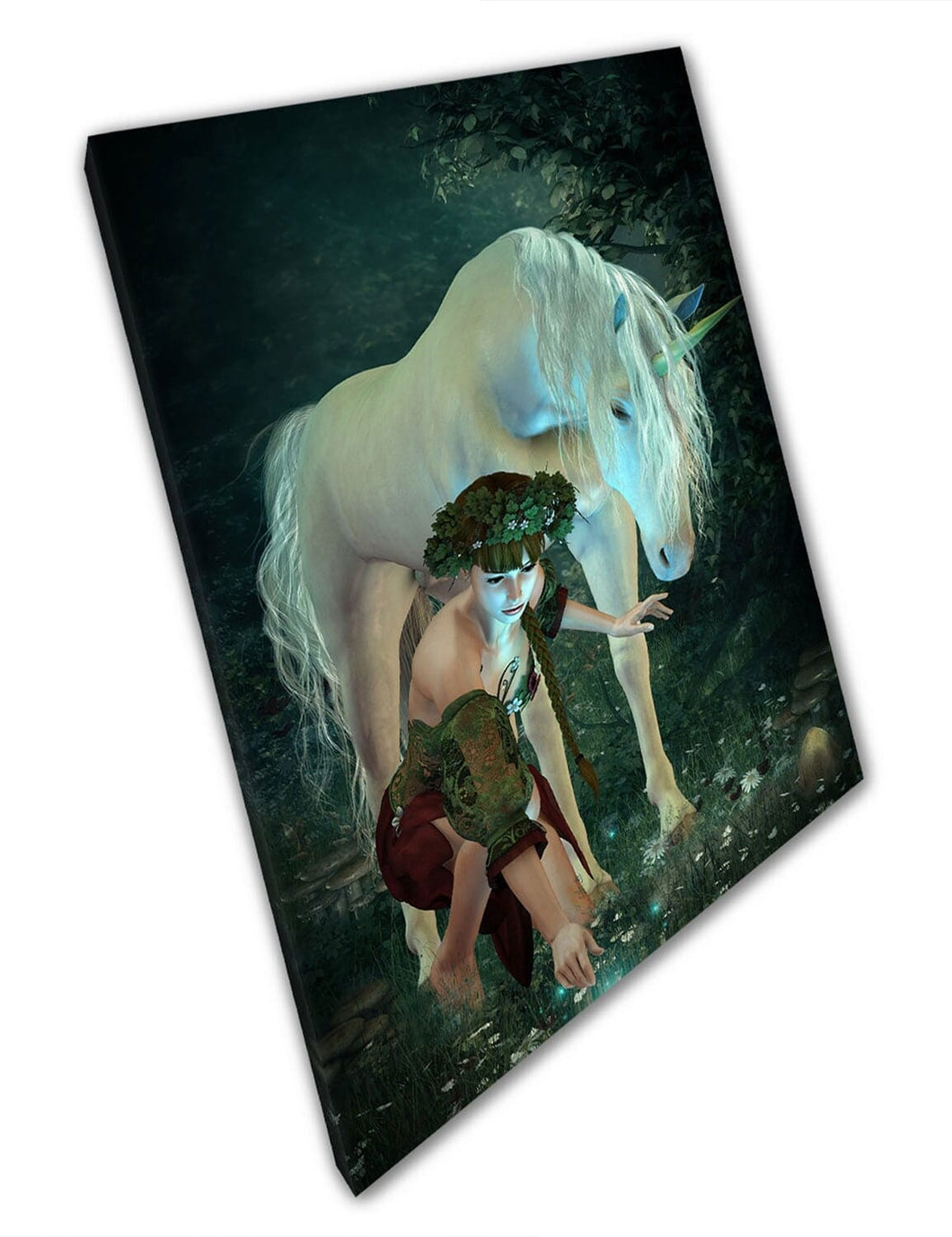 Fairy Pixie che raccoglie fiori con un unicorno arte fantasy pronta per appendere la parete print di tela montata in tela montata