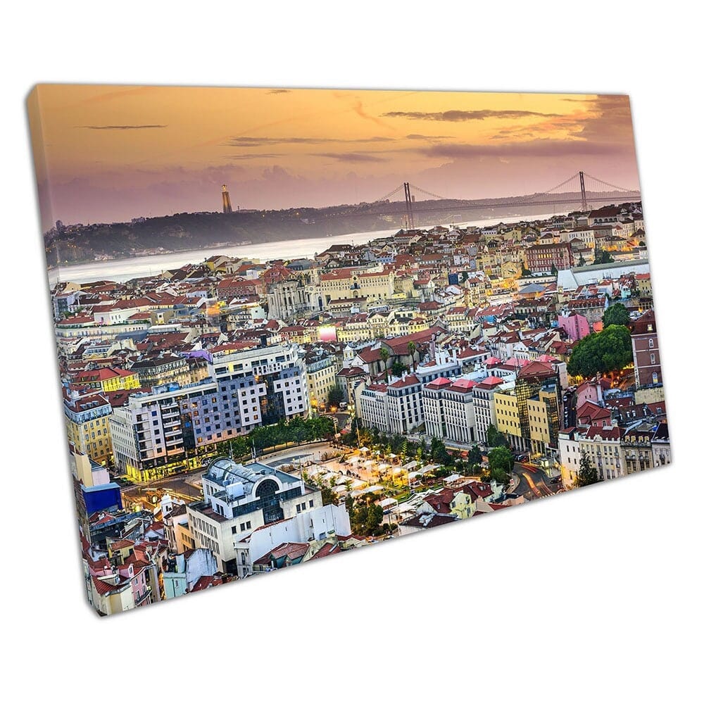 CityScape Skyline City of Lissabon in schemering in Portugal klaar om canvas muurwand te hangen afdrukken gemonteerd canvas print