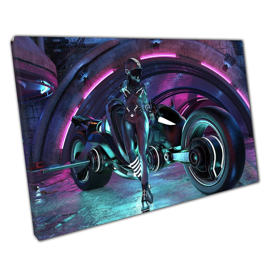 Cyberpunk vrouwelijke motorrijder futuristische neon stads 'stadscape digitale fantasie illustratie muur kunst print op canvas gemonteerde canvas print