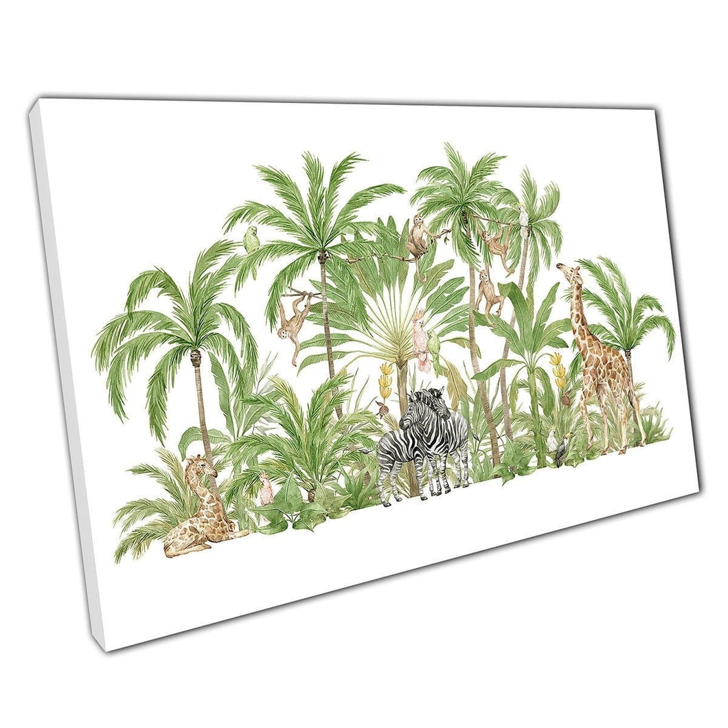 Jungle Safari Animals Exploring Tropical Palms Watercolour Painting Giraffe Zebra Wall Art Print On Canvas Mounted Canvas print