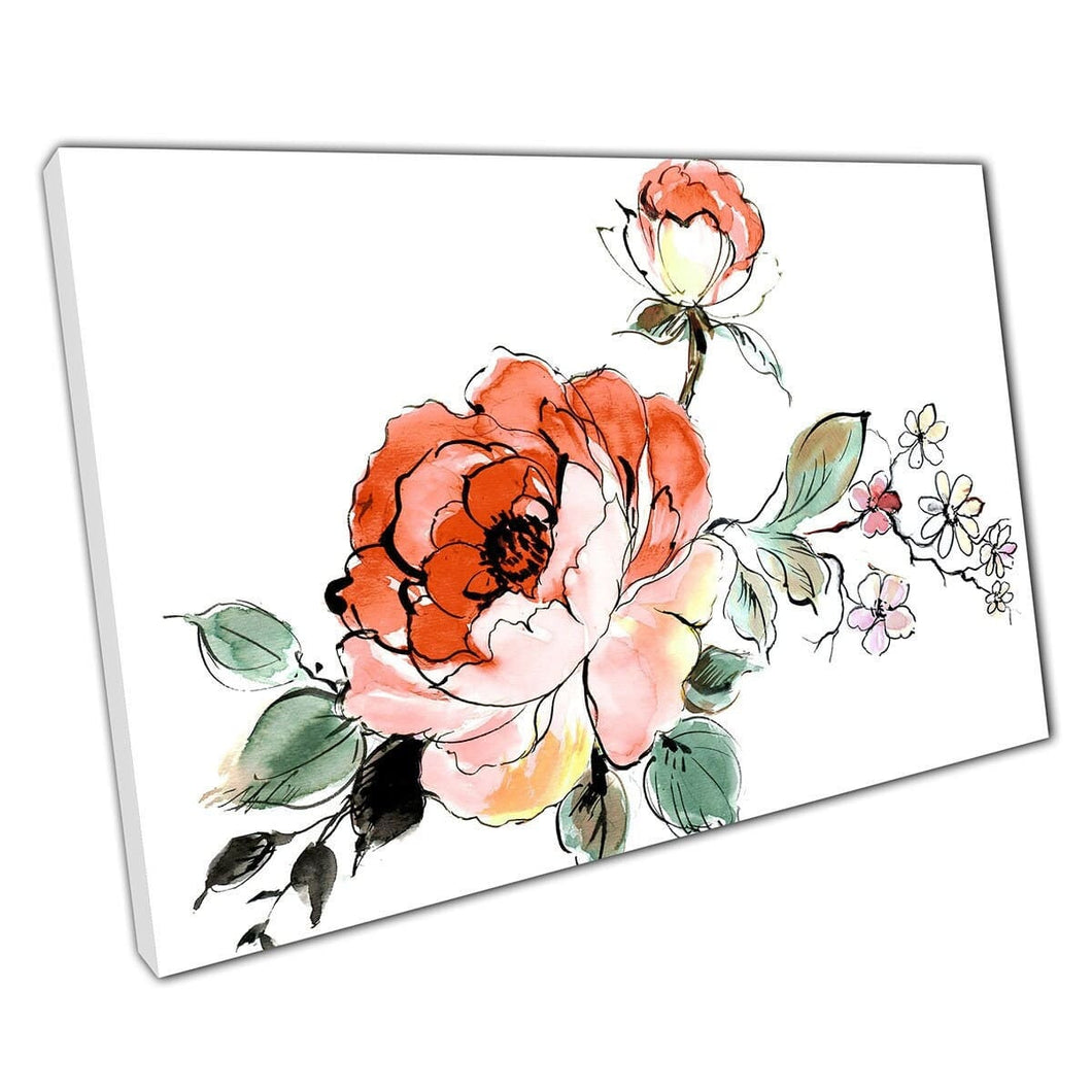 Bloeiende rood getinte bloemen textureerde aquarel schilderstijl bloemen illustratie muur kunst print op canvas gemonteerde canvas print