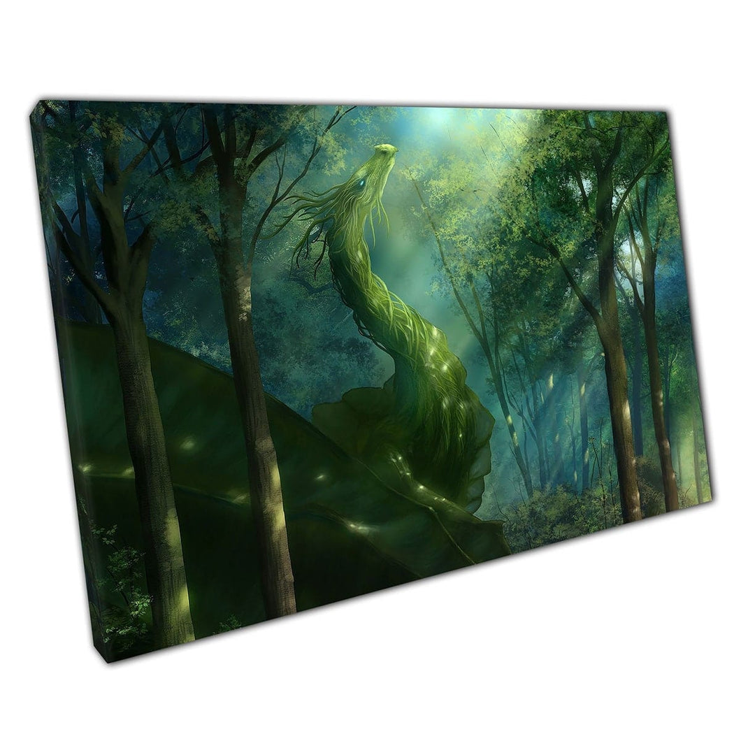 Majestic Rich Green Forest Woodland Dragon Magical Fantasy Creature Illustratie Wall Art Print op canvas gemonteerde canvas print