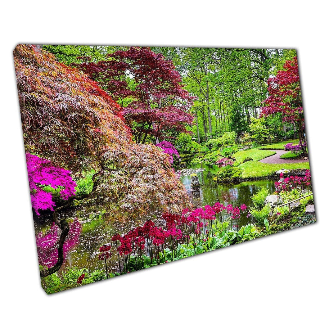 Beautiful Magenta And Green Traditional Japanese Garden Located In The Hague Wall Art Print On Canvas Mounted Canvas print