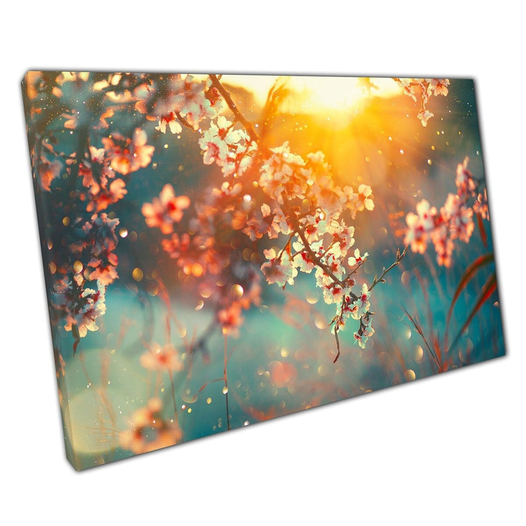 Beautiful Branches Of Blooming Pink Spring Blossoms Abstract Warm Sun Flares Wall Art Print On Canvas Mounted Canvas print