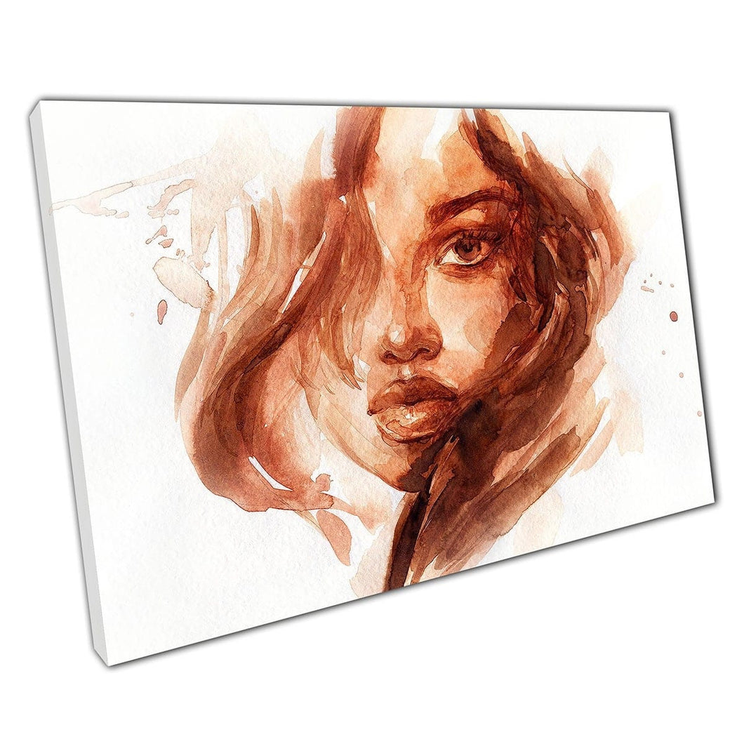 Mooie aquarel schilderij illustratie van het gezicht van de vrouw bruin koperen tonen muurkunst print op canvas gemonteerde canvas print