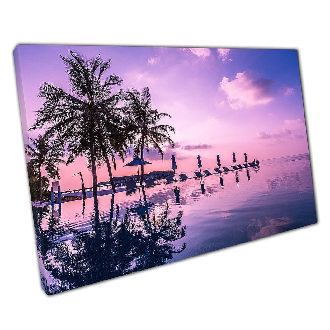 Sunse Sunset per piscina a infinito tranquillo decorato con palme e legno stampato ad arte da parete su tela
