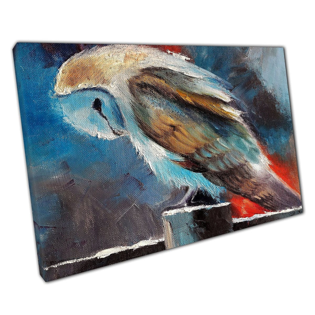 Barn Owl Sitting On A Wooden Fence On A Winter Night Wildlife Wall Art Print On Canvas Mounted Canvas print