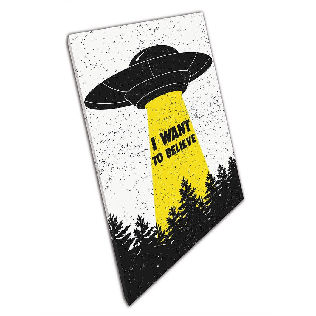I Want To Believe Alien Spaceship And Woodland Illustration Wall Art Print On Canvas Mounted Canvas print