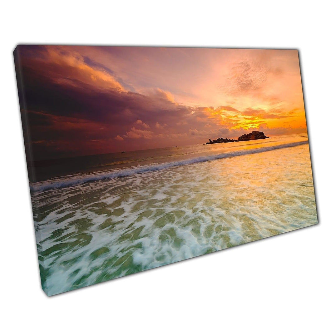 Natural Golden Orange Sunrise sobre una larga exposición de larga exposición Ocean Beach Seascape Art Wall Art Tampón en lona montada en lienzo estampado