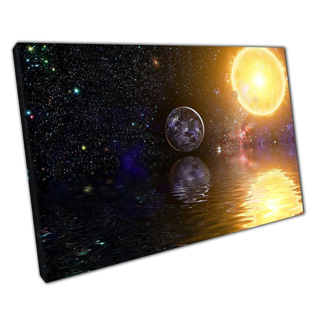Mooie ongebruikelijke fantasy Sky Sky Space Composition Water Reflectie Wall Art Print op canvas gemonteerde canvas print