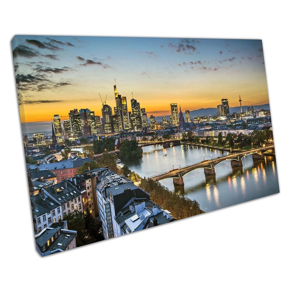Frankfurt Duitsland Financieel District Skyline Art klaar om canvas muurkunstafdruk te hangen gemonteerd canvas print