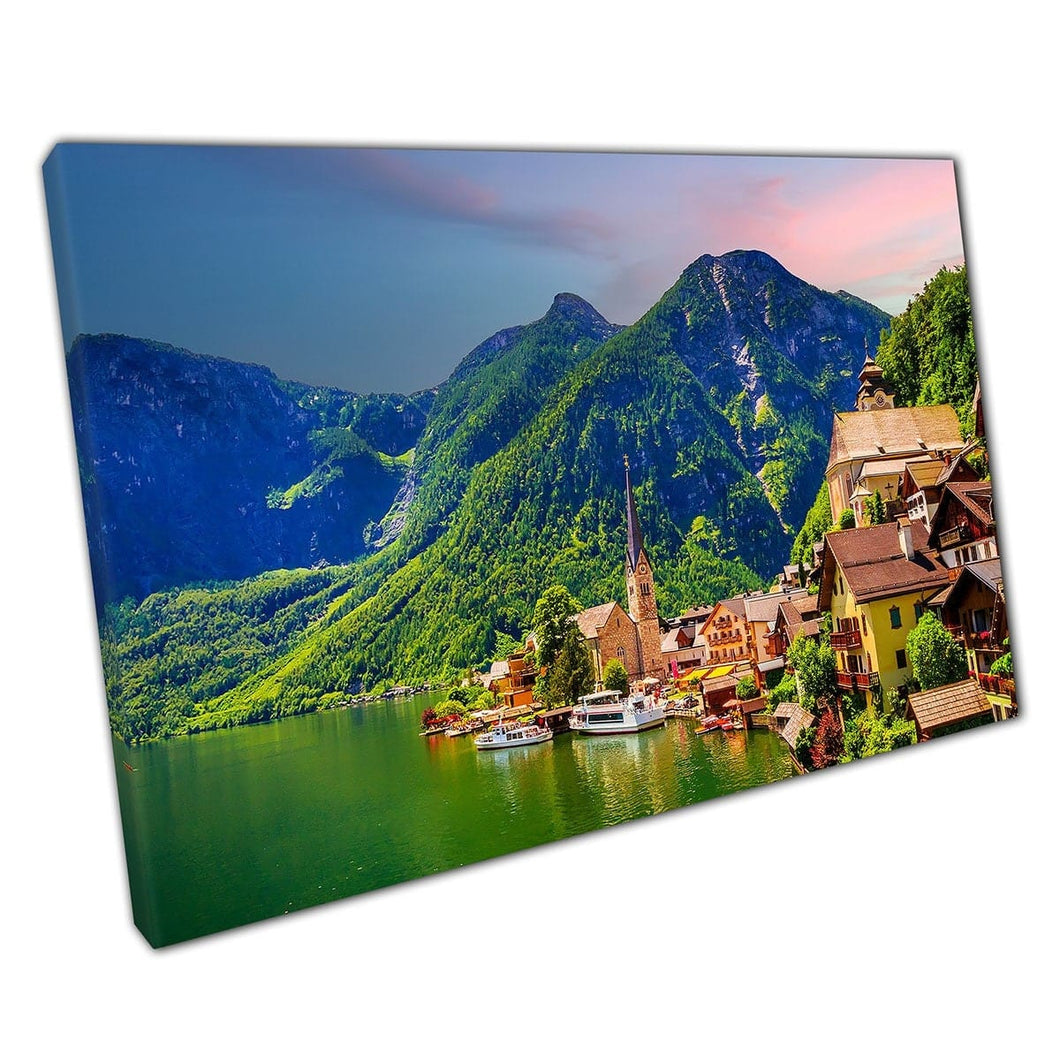 Prachtig levendig uitzicht Hallstatt Village Alpine Lake Salzkammergut Oostenrijk Wall Art Print op canvas gemonteerde canvas print