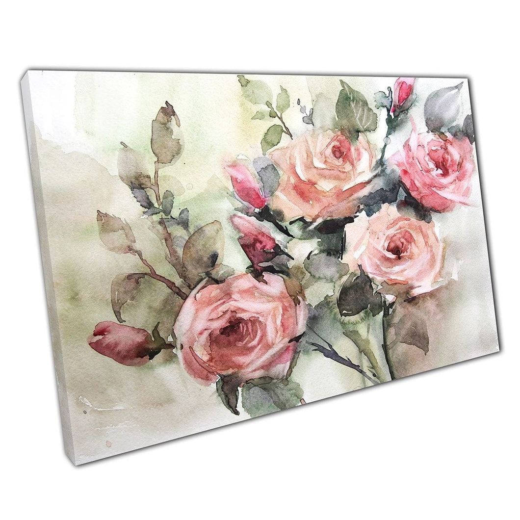 Beautiful Romantic Blush Pink Rose Bouquet With Rose Buds Watercolour Style Painting Wall Art Print On Canvas Mounted Canvas print