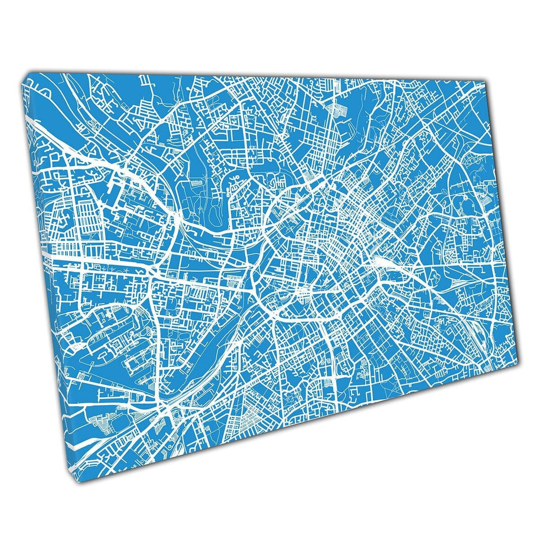Helderblauw en witte stedelijke kaart Manchester England City Navigatie Minimale abstracte muurkunstafdruk op canvas gemonteerde canvas print