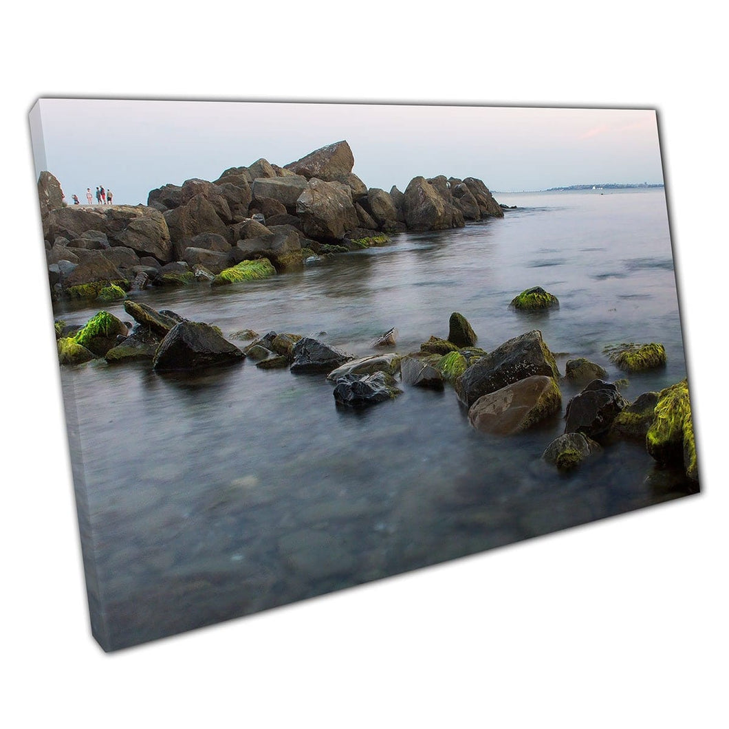 Long Exposure Shot Of Seascape With The Black Sea Flowing Around Mossy Rocks Wall Art Print On Canvas Mounted Canvas print