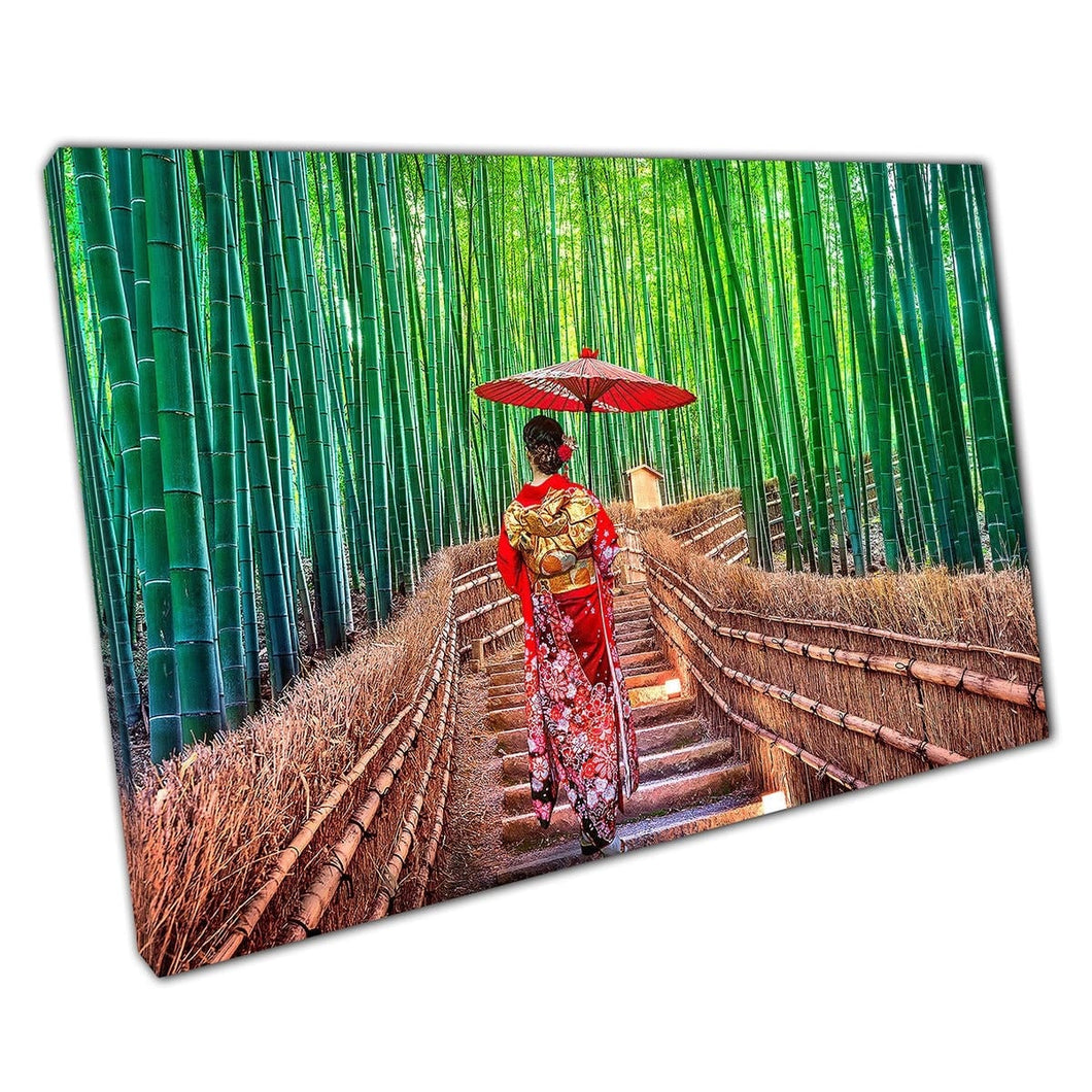 Vrouw in rood traditionele kimono dwalend door bamboe bos kyoto Japan muurkunst print op canvas gemonteerde canvas print