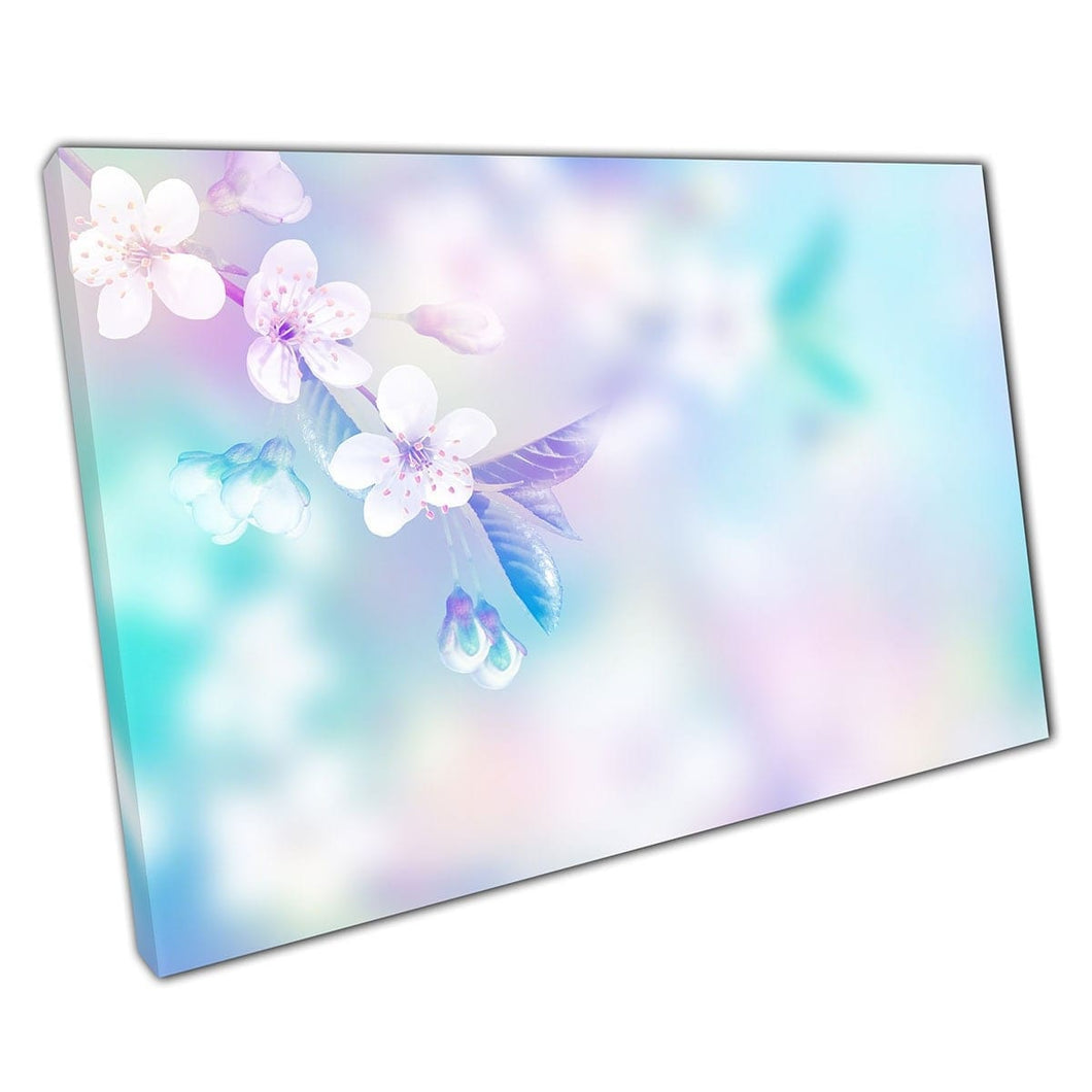 Tak van bloeiende veerappelbloesems met een levendige blauw paars kleurrijke filter muurkunst print op canvas gemonteerde canvas print