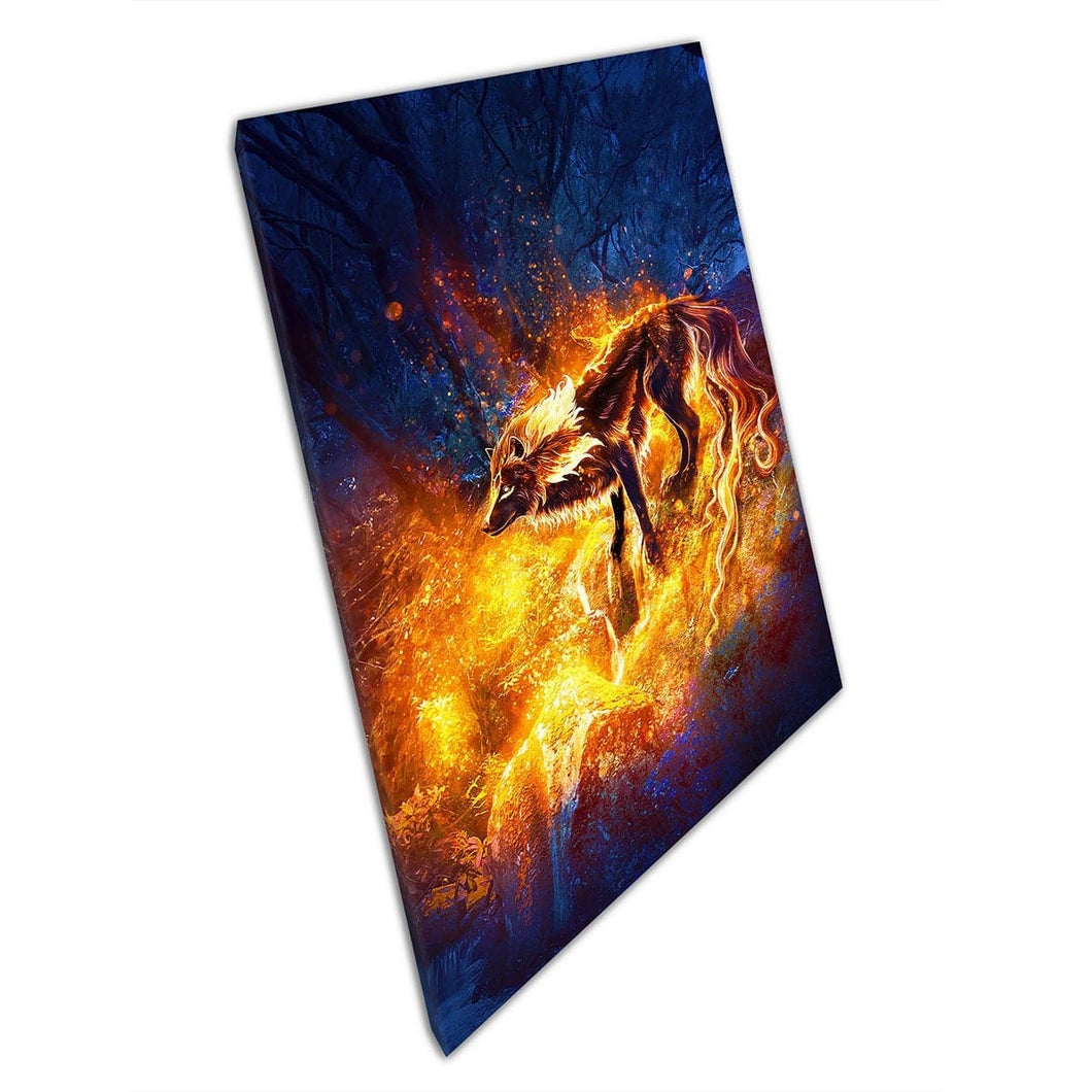 Abstract Fiery Wild Fantasy Wolf Lighting Up A Dark Woodland Digital Painting Wall Art Print On Canvas Mounted Canvas print
