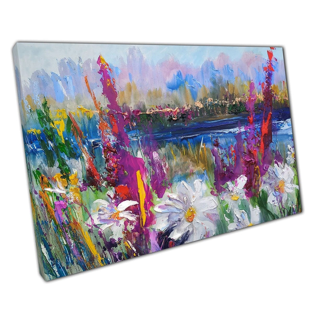Heldere levendige bloemen langs de rivieren rand van abstracte gestructureerde olieverfstijl muurkunst print op canvas gemonteerde canvas print