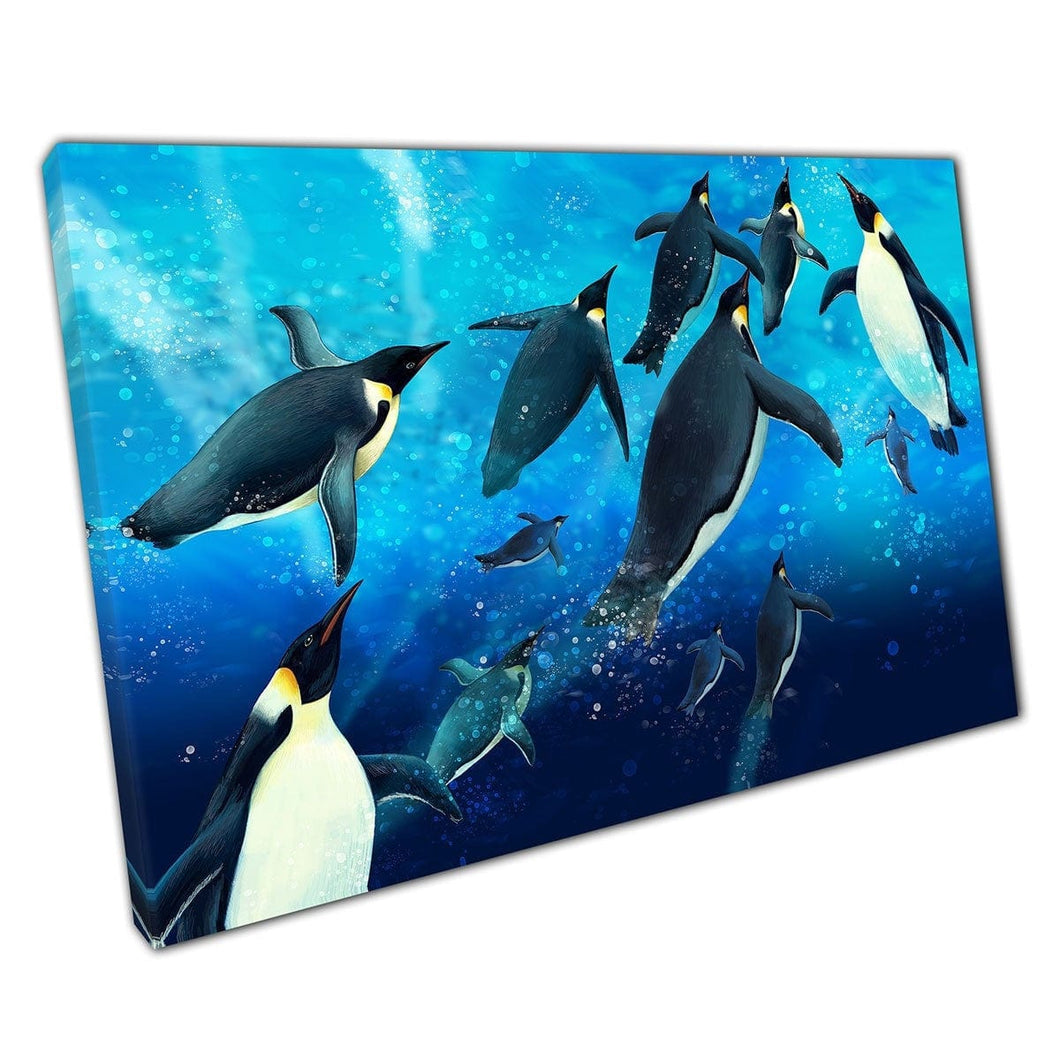Penguins zwemmen graag in een groep door Crystal Blue Water Illustration Artwork Wall Art Print op canvas gemonteerde canvas print
