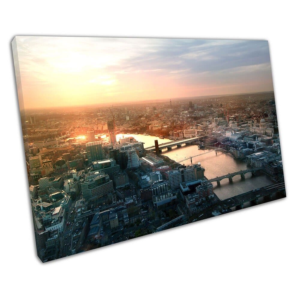 Stad van London zonsondergang over de rivier de Thames & Bridges klaar om canvas muurkunst afdrukken te hangen gemonteerd canvas print