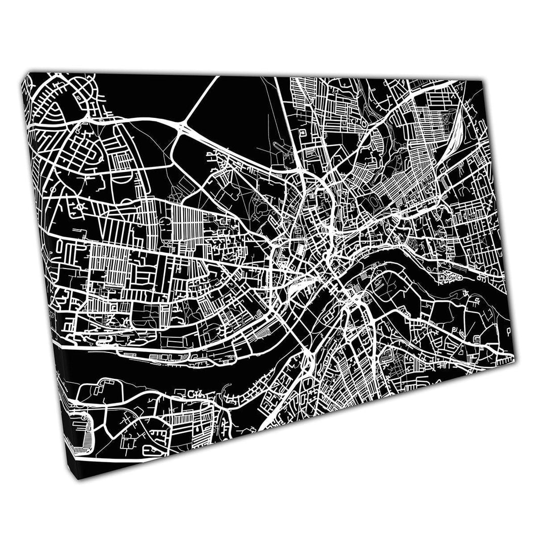 Zwart -wit gedurfde stedelijke stedelijke kaart Newcastle Engeland Navigatie Minimale abstracte muurkunstafdruk op canvas gemonteerde canvas print