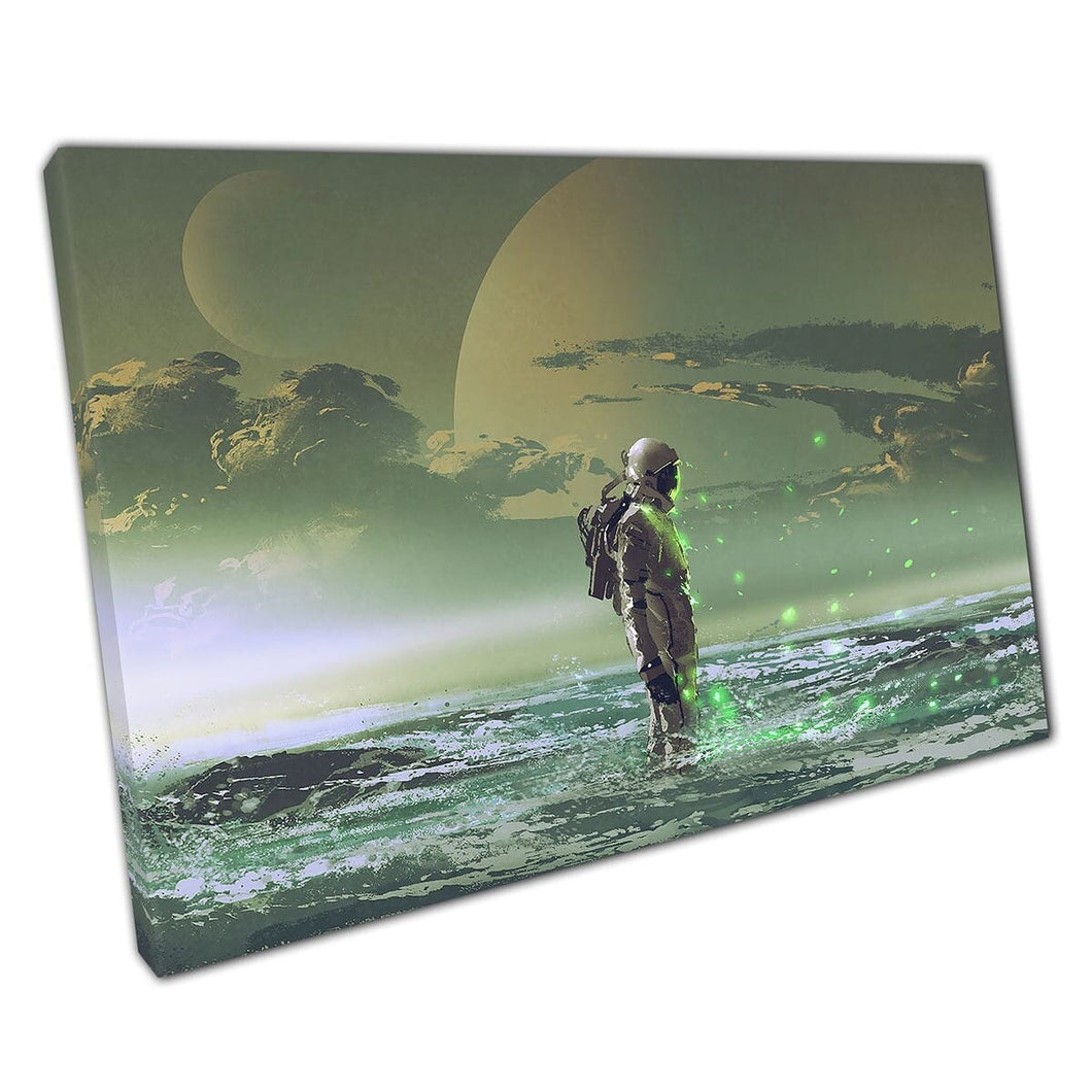 Astronaut Standing In The Sea Glowing Green With Planets In The Sky Fantasy Sci-Fi Wall Art Print On Canvas Mounted Canvas print
