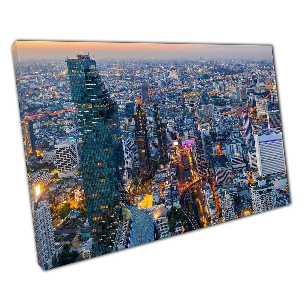Amazing Bustling Cityscape Of Skyscrapers Illuminated In The Early Evening Sunset Wall Art Print On Canvas Mounted Canvas print