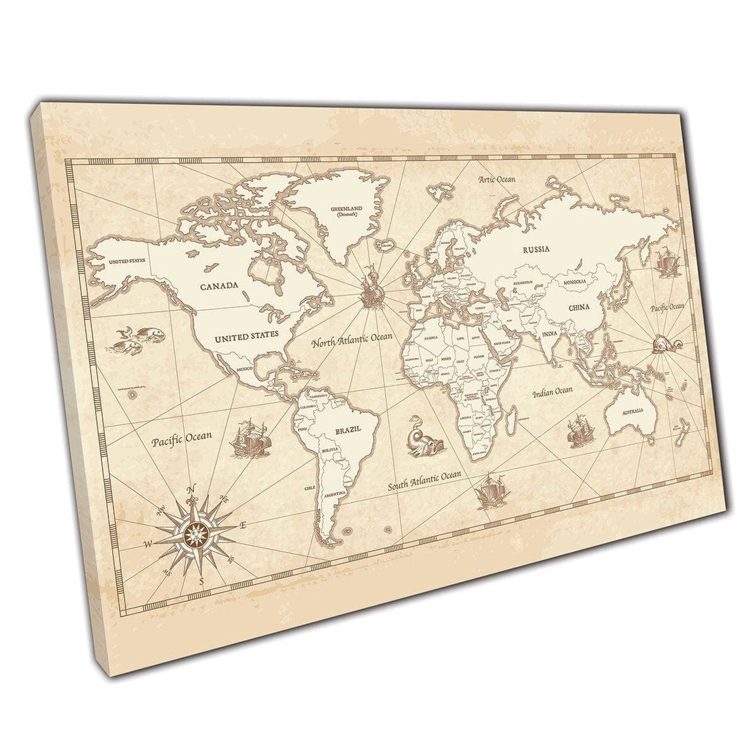 Mappa del mondo in stile vintage dettagliato vecchio aspetto per pergamena stampe art da parete su tela di tela montata