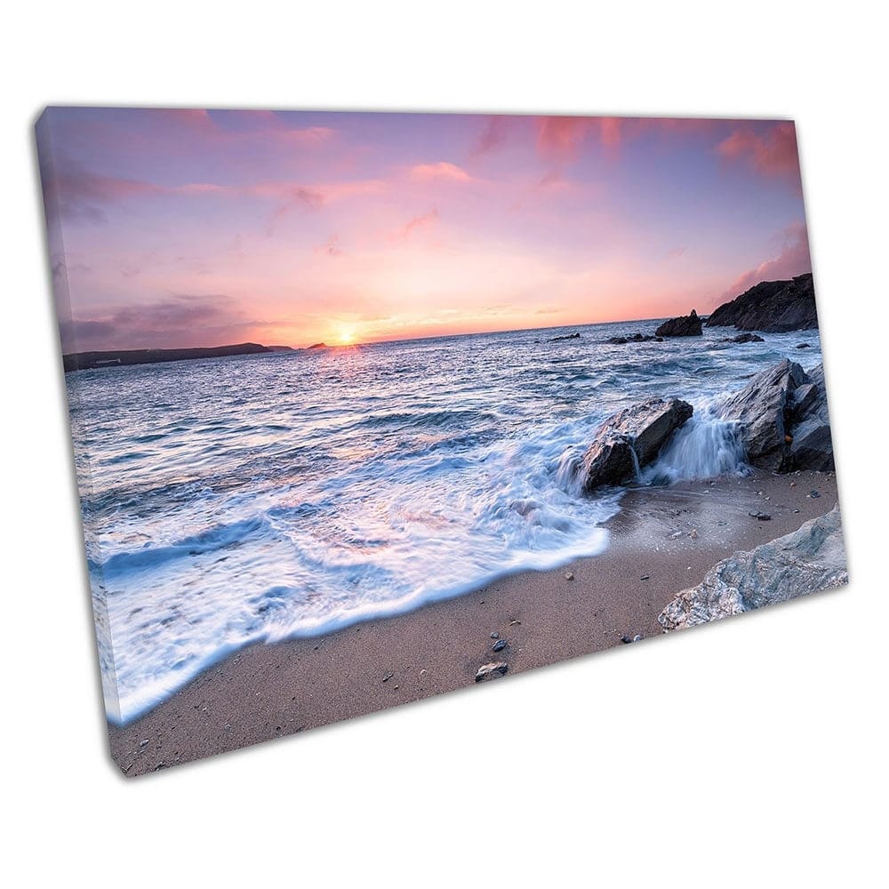 Mooie oceaan zonsondergang Little Fistral Beach NewQuay klaar om muurwand te hangen afdrukken gemonteerde canvas print