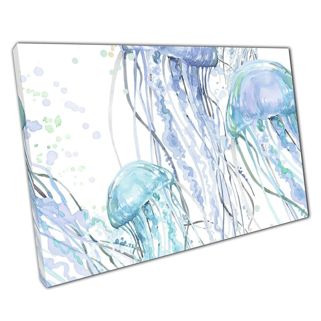 Beautiful Elegant Watercolour Ink Style Jellyfish Gracefully Floating Sea Life Wall Art Print On Canvas Mounted Canvas print