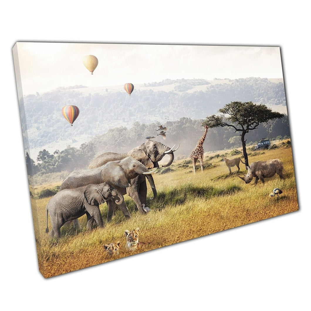 Animals In An African Safari Scene With Hot Air Balloons In The Distance Grasslands Wall Art Print On Canvas Mounted Canvas print