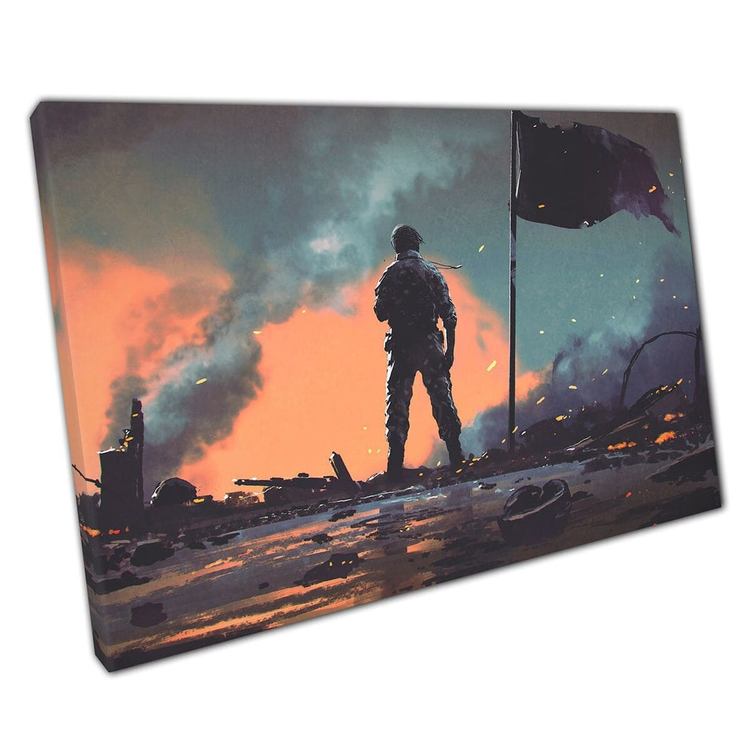 Soldier Standing Alone In A Post-War Battlefield Fiery Sky Digital Illustration Wall Art Print On Canvas Mounted Canvas print