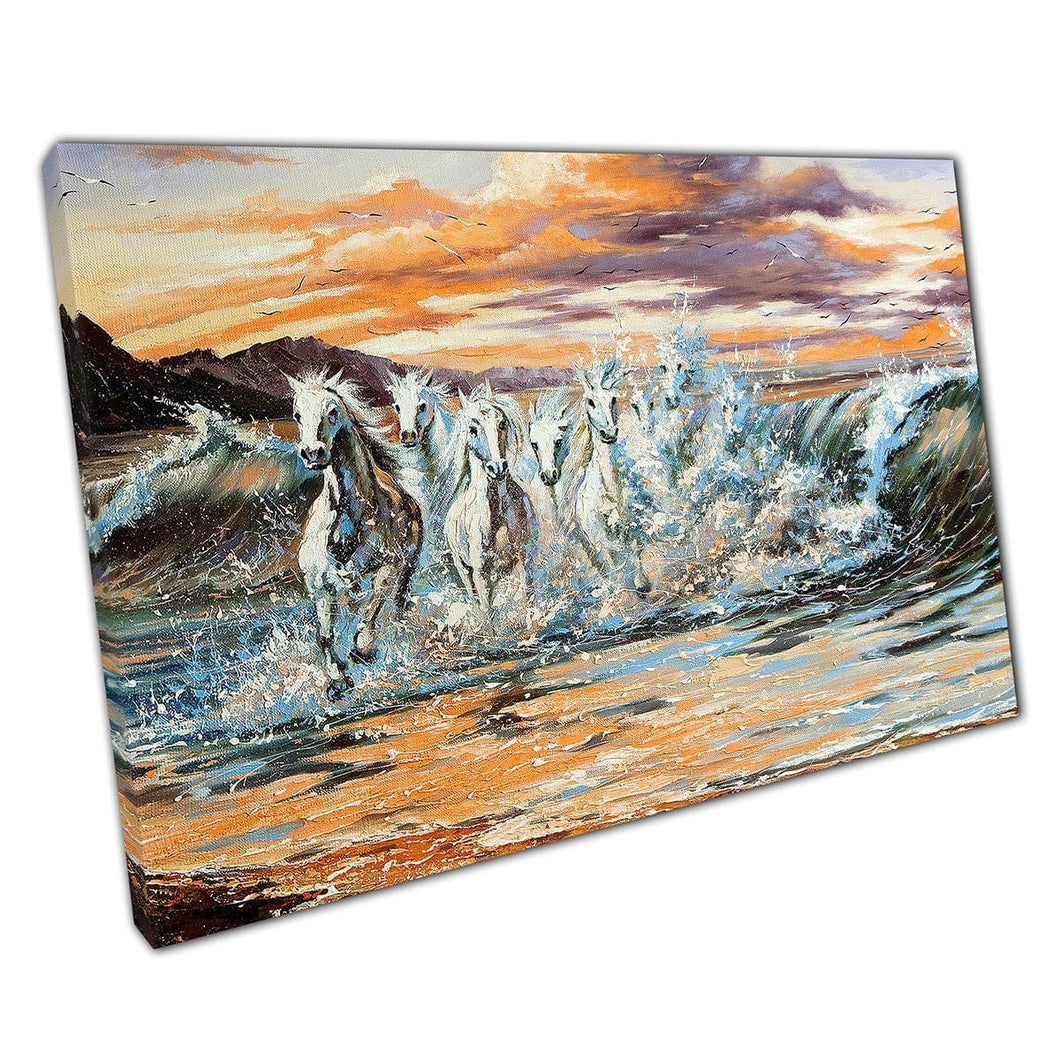 Horses Galloping From Waves In The Ocean Water Painting Wall Art Print On Canvas Mounted Canvas print